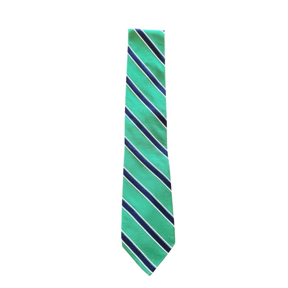 Tommy Hilfiger Mens Green Navy Blue White Striped Silk Necktie RN 121148